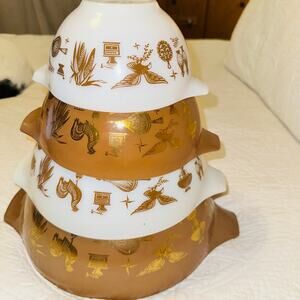 Vintage Pyrex Early American Cinderella Mixing Bowls Brown Gold White